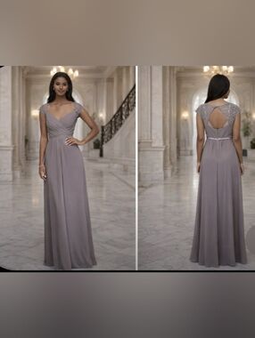 David's Bridal Taupe Lace Chiffon Cap Sleeve V Neck Open Back Formal Dress 10